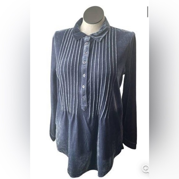 Coldwater Creek Smoke Navy Blue Pintuck Bal-Collar Top Long Sleeve Tunic Sz PM - Picture 1 of 9